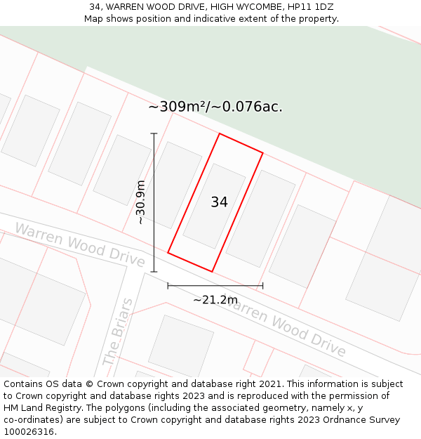 34, WARREN WOOD DRIVE, HIGH WYCOMBE, HP11 1DZ: Plot and title map