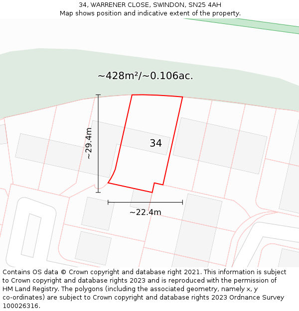 34, WARRENER CLOSE, SWINDON, SN25 4AH: Plot and title map