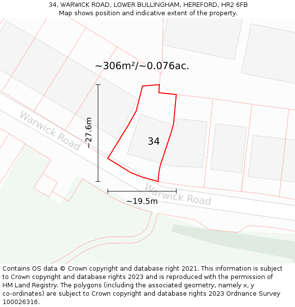 34, WARWICK ROAD, LOWER BULLINGHAM, HEREFORD, HR2 6FB: Plot and title map