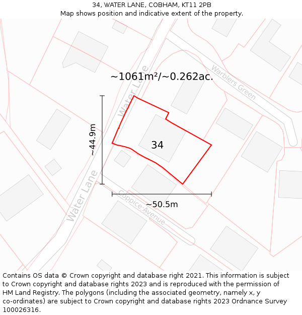 34, WATER LANE, COBHAM, KT11 2PB: Plot and title map