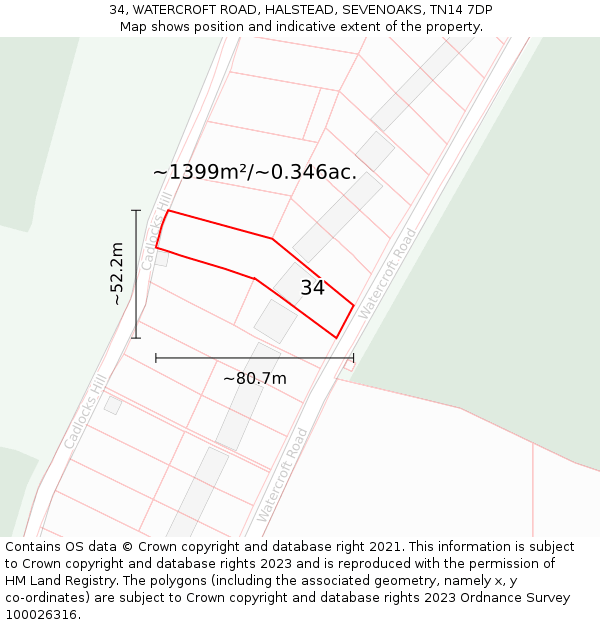 34, WATERCROFT ROAD, HALSTEAD, SEVENOAKS, TN14 7DP: Plot and title map