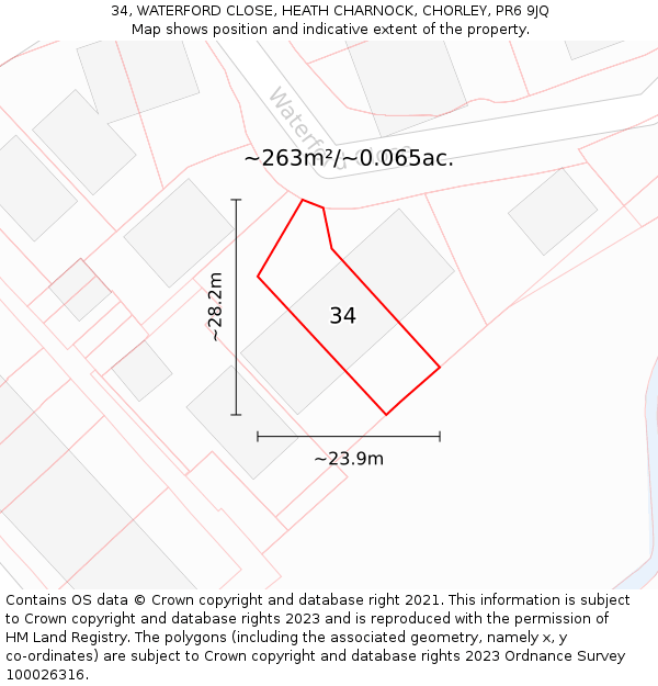 34, WATERFORD CLOSE, HEATH CHARNOCK, CHORLEY, PR6 9JQ: Plot and title map