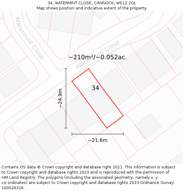 34, WATERMINT CLOSE, CANNOCK, WS12 2GL: Plot and title map