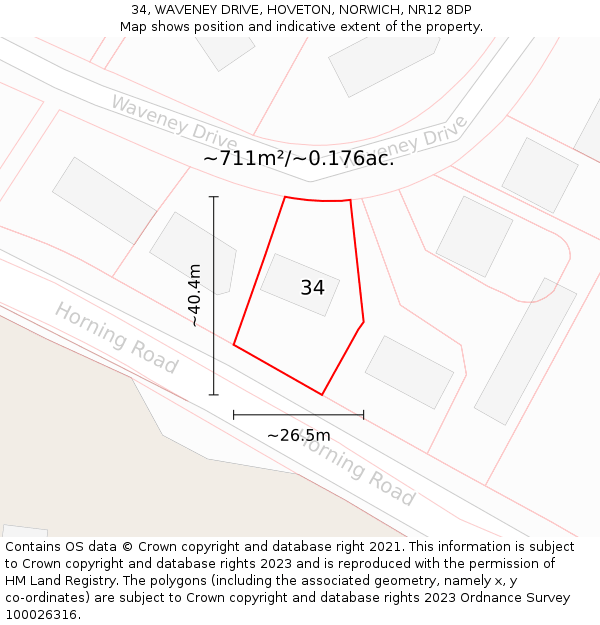 34, WAVENEY DRIVE, HOVETON, NORWICH, NR12 8DP: Plot and title map