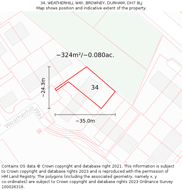 34, WEATHERHILL WAY, BROWNEY, DURHAM, DH7 8LJ: Plot and title map