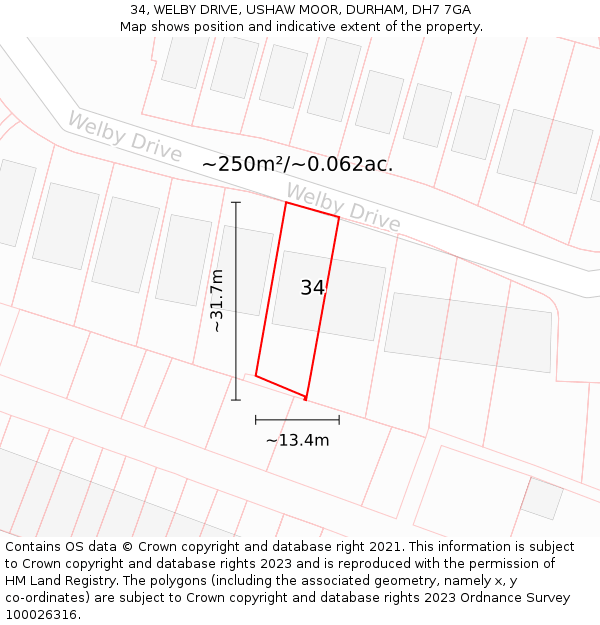 34, WELBY DRIVE, USHAW MOOR, DURHAM, DH7 7GA: Plot and title map