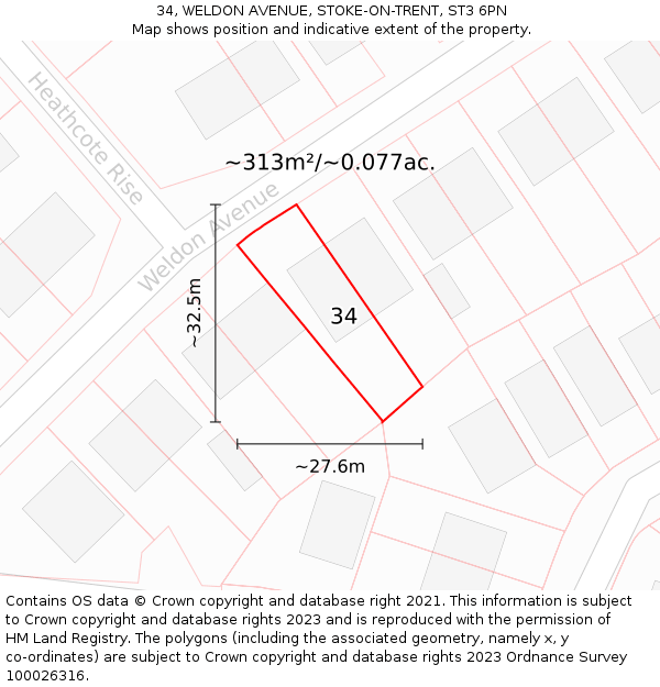 34, WELDON AVENUE, STOKE-ON-TRENT, ST3 6PN: Plot and title map