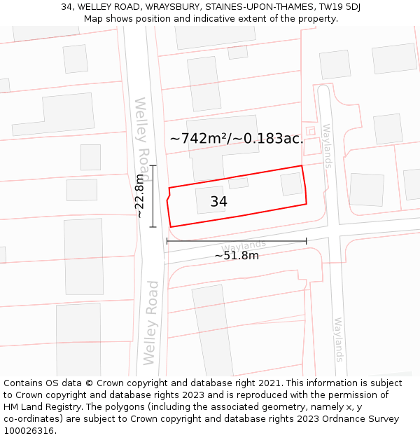 34, WELLEY ROAD, WRAYSBURY, STAINES-UPON-THAMES, TW19 5DJ: Plot and title map