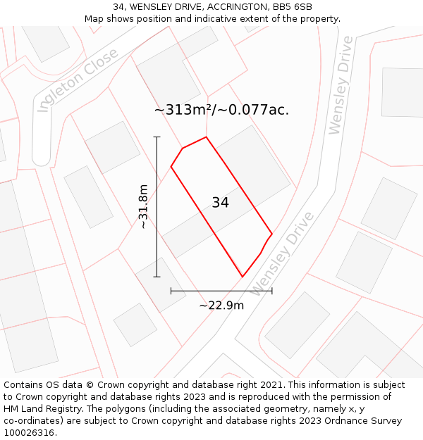 34, WENSLEY DRIVE, ACCRINGTON, BB5 6SB: Plot and title map