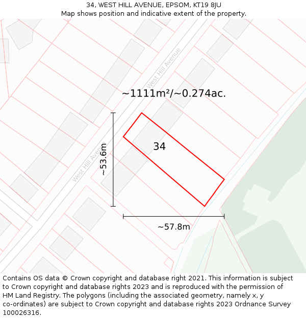 34, WEST HILL AVENUE, EPSOM, KT19 8JU: Plot and title map