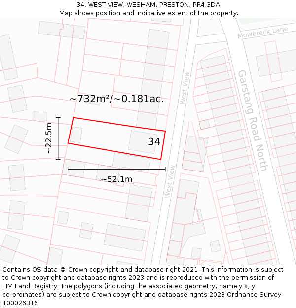 34, WEST VIEW, WESHAM, PRESTON, PR4 3DA: Plot and title map