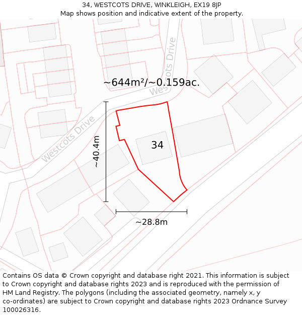 34, WESTCOTS DRIVE, WINKLEIGH, EX19 8JP: Plot and title map