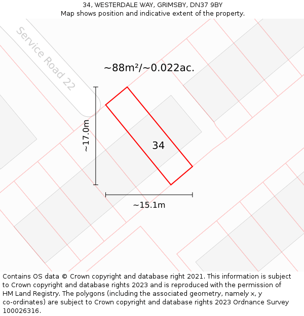 34, WESTERDALE WAY, GRIMSBY, DN37 9BY: Plot and title map