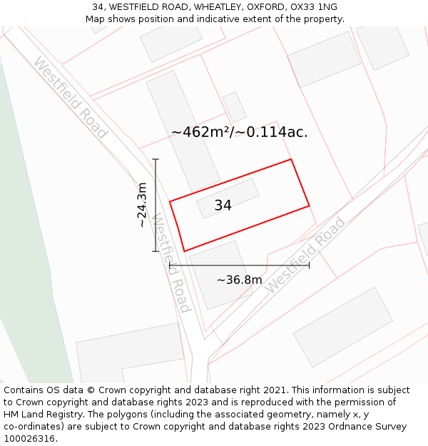 34, WESTFIELD ROAD, WHEATLEY, OXFORD, OX33 1NG: Plot and title map