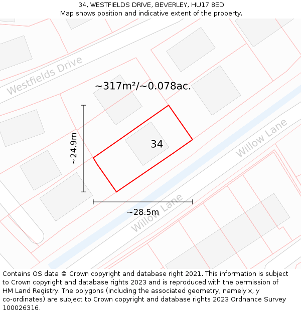 34, WESTFIELDS DRIVE, BEVERLEY, HU17 8ED: Plot and title map