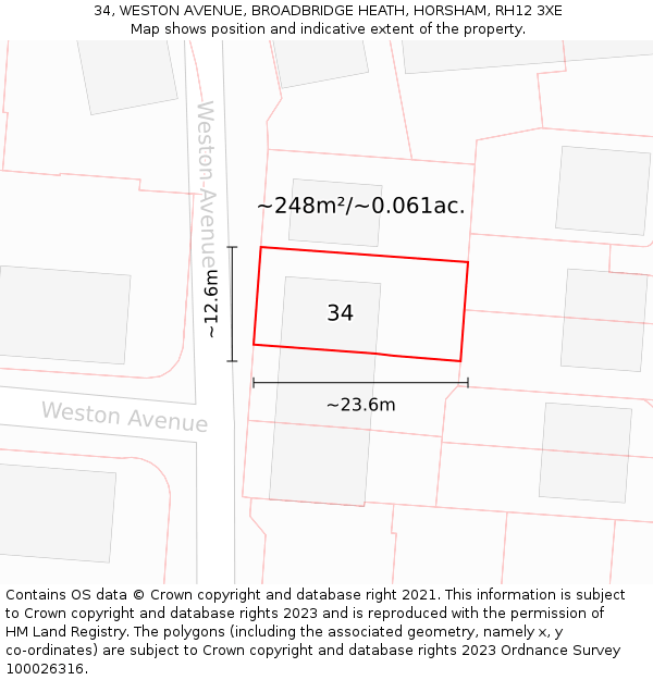 34, WESTON AVENUE, BROADBRIDGE HEATH, HORSHAM, RH12 3XE: Plot and title map