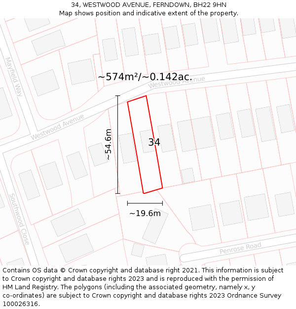 34, WESTWOOD AVENUE, FERNDOWN, BH22 9HN: Plot and title map