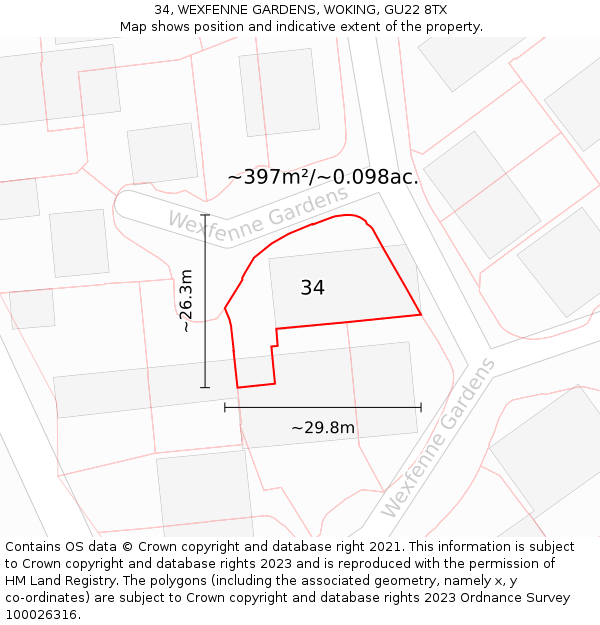 34, WEXFENNE GARDENS, WOKING, GU22 8TX: Plot and title map