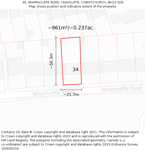 34, WHARNCLIFFE ROAD, HIGHCLIFFE, CHRISTCHURCH, BH23 5DE: Plot and title map