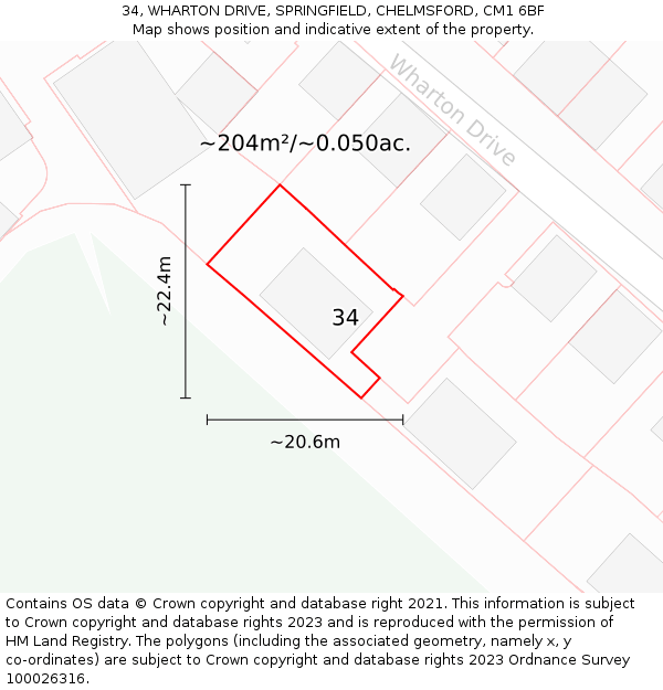 34, WHARTON DRIVE, SPRINGFIELD, CHELMSFORD, CM1 6BF: Plot and title map