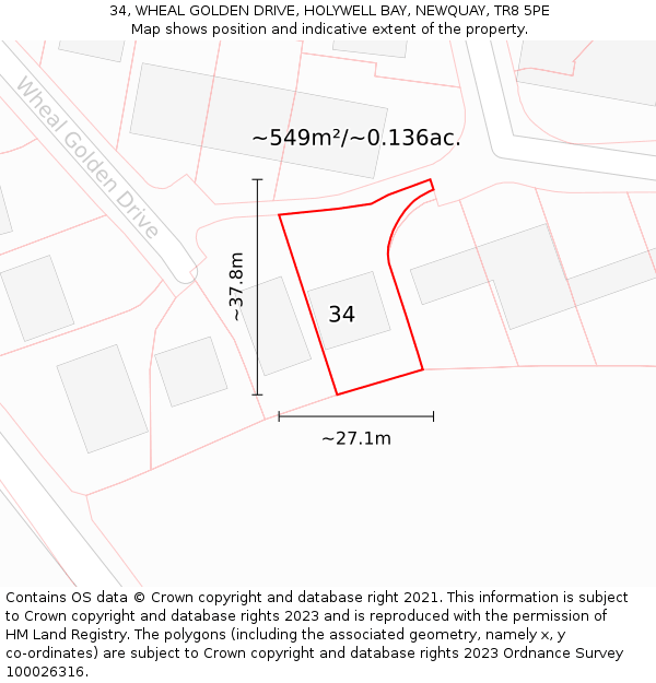 34, WHEAL GOLDEN DRIVE, HOLYWELL BAY, NEWQUAY, TR8 5PE: Plot and title map