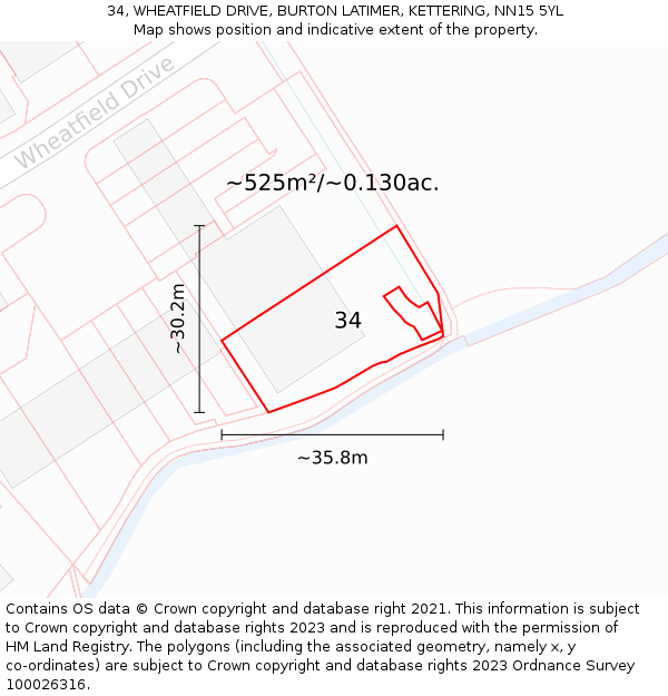 34, WHEATFIELD DRIVE, BURTON LATIMER, KETTERING, NN15 5YL: Plot and title map