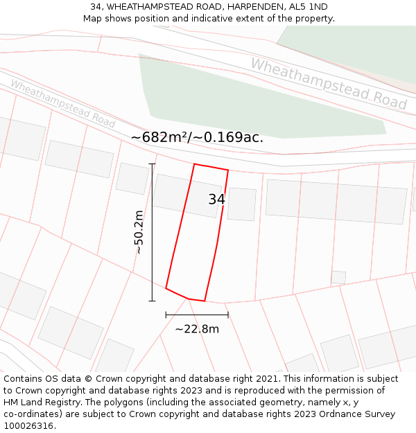 34, WHEATHAMPSTEAD ROAD, HARPENDEN, AL5 1ND: Plot and title map