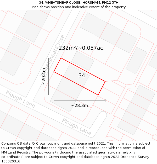 34, WHEATSHEAF CLOSE, HORSHAM, RH12 5TH: Plot and title map