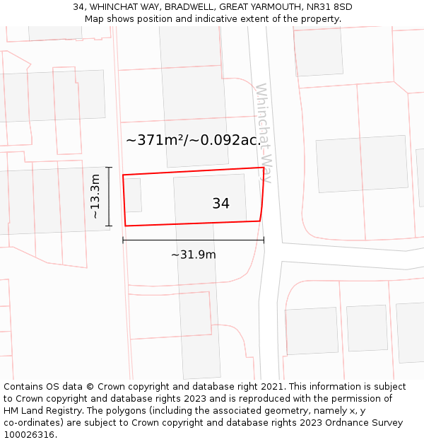 34, WHINCHAT WAY, BRADWELL, GREAT YARMOUTH, NR31 8SD: Plot and title map