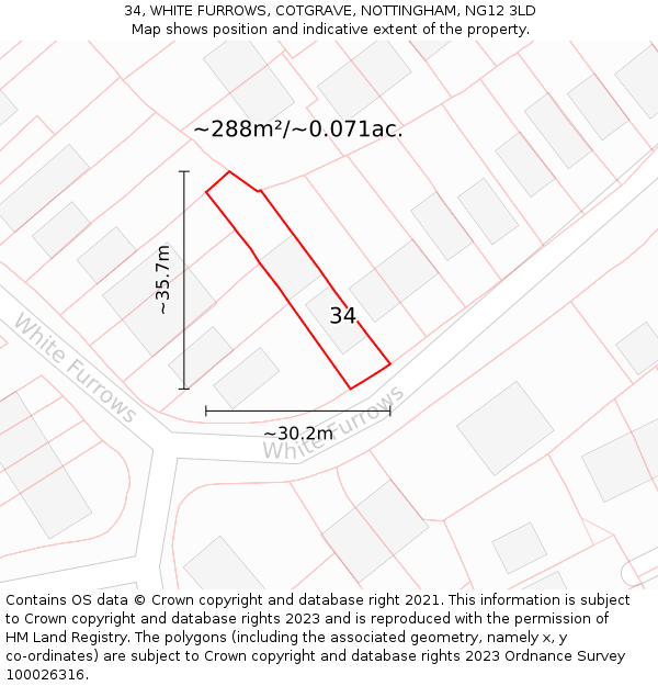 34, WHITE FURROWS, COTGRAVE, NOTTINGHAM, NG12 3LD: Plot and title map