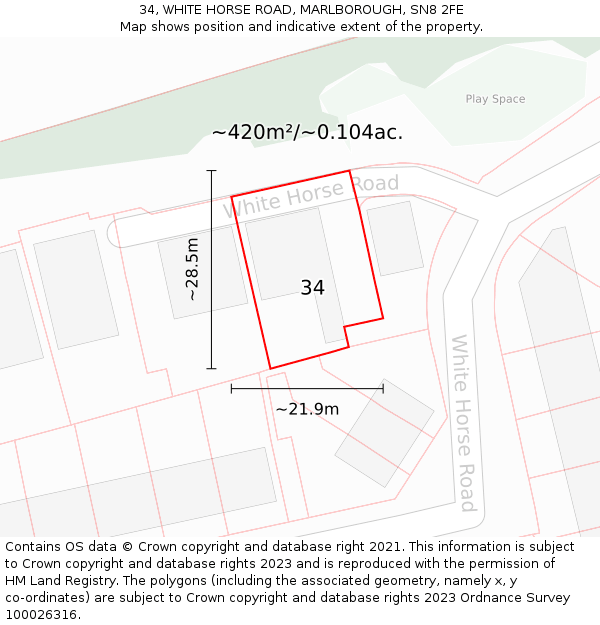 34, WHITE HORSE ROAD, MARLBOROUGH, SN8 2FE: Plot and title map
