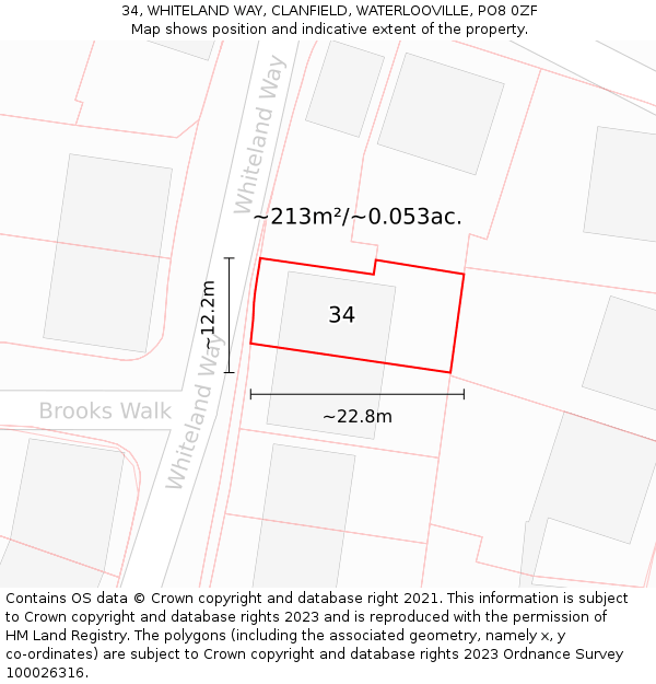 34, WHITELAND WAY, CLANFIELD, WATERLOOVILLE, PO8 0ZF: Plot and title map