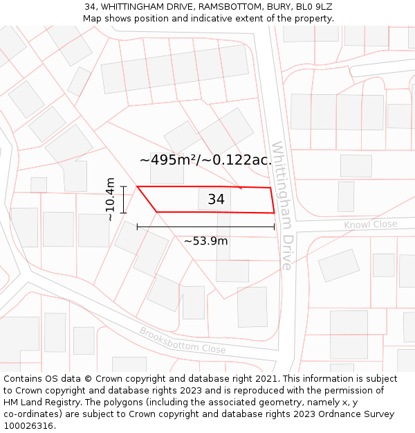 34, WHITTINGHAM DRIVE, RAMSBOTTOM, BURY, BL0 9LZ: Plot and title map