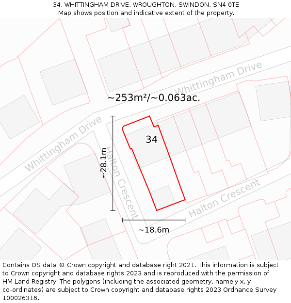 34, WHITTINGHAM DRIVE, WROUGHTON, SWINDON, SN4 0TE: Plot and title map