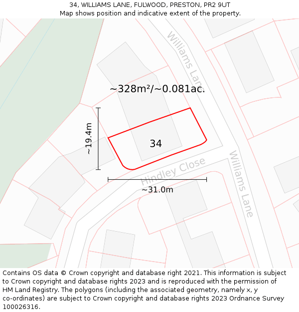 34, WILLIAMS LANE, FULWOOD, PRESTON, PR2 9UT: Plot and title map