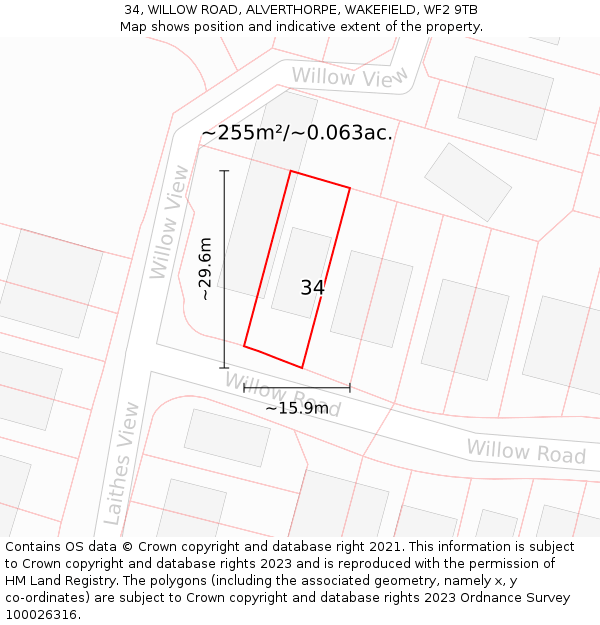 34, WILLOW ROAD, ALVERTHORPE, WAKEFIELD, WF2 9TB: Plot and title map