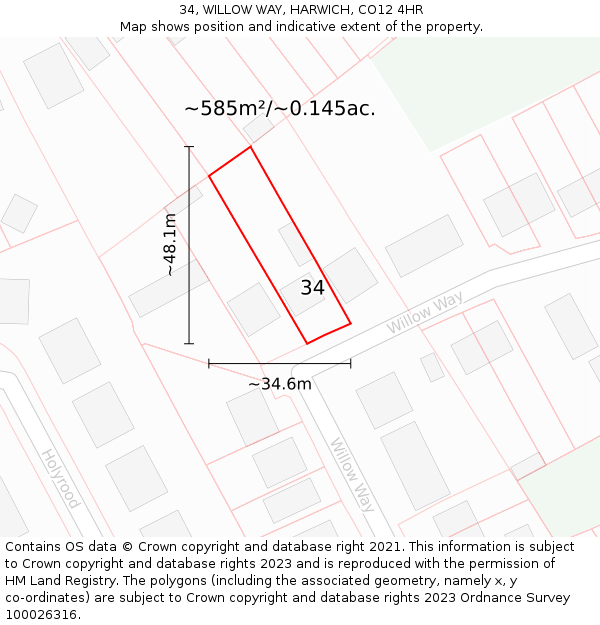 34, WILLOW WAY, HARWICH, CO12 4HR: Plot and title map