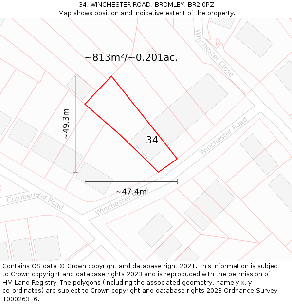 34, WINCHESTER ROAD, BROMLEY, BR2 0PZ: Plot and title map