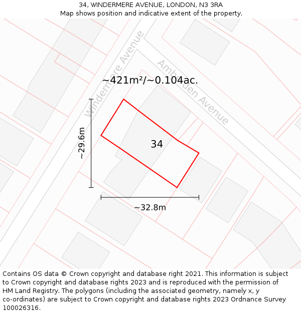 34, WINDERMERE AVENUE, LONDON, N3 3RA: Plot and title map