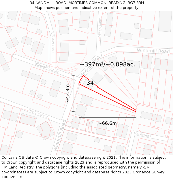 34, WINDMILL ROAD, MORTIMER COMMON, READING, RG7 3RN: Plot and title map