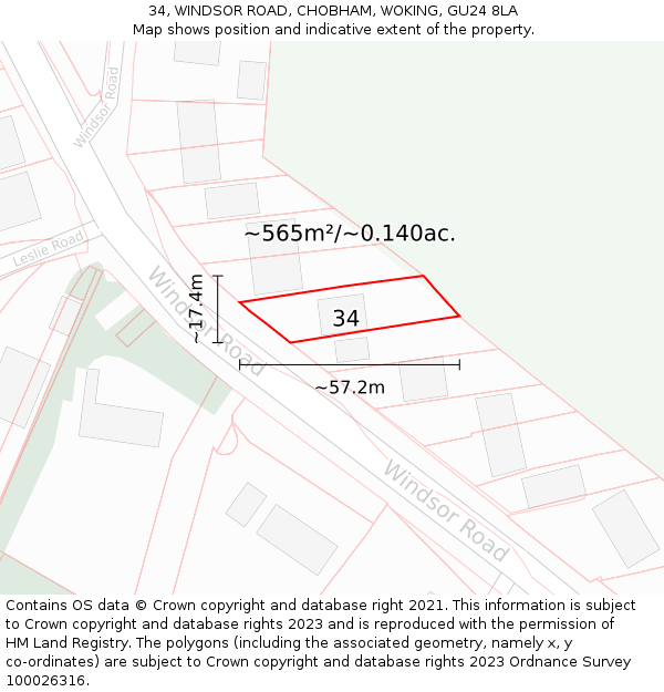 34, WINDSOR ROAD, CHOBHAM, WOKING, GU24 8LA: Plot and title map