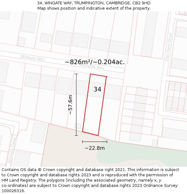 34, WINGATE WAY, TRUMPINGTON, CAMBRIDGE, CB2 9HD: Plot and title map