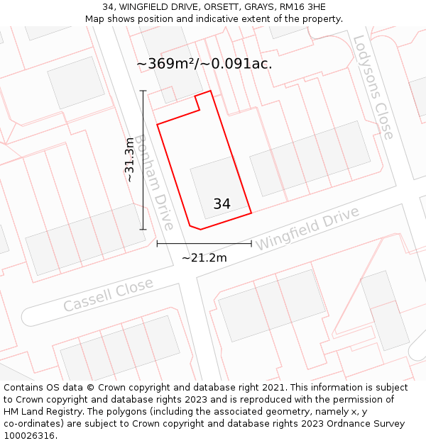 34, WINGFIELD DRIVE, ORSETT, GRAYS, RM16 3HE: Plot and title map