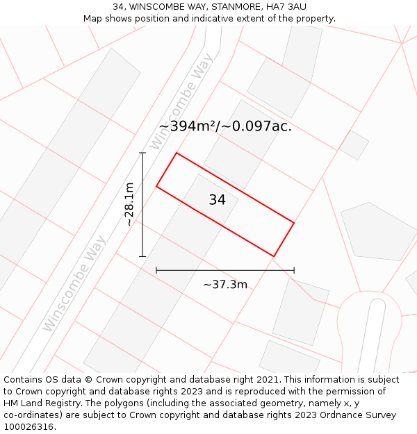 34, WINSCOMBE WAY, STANMORE, HA7 3AU: Plot and title map