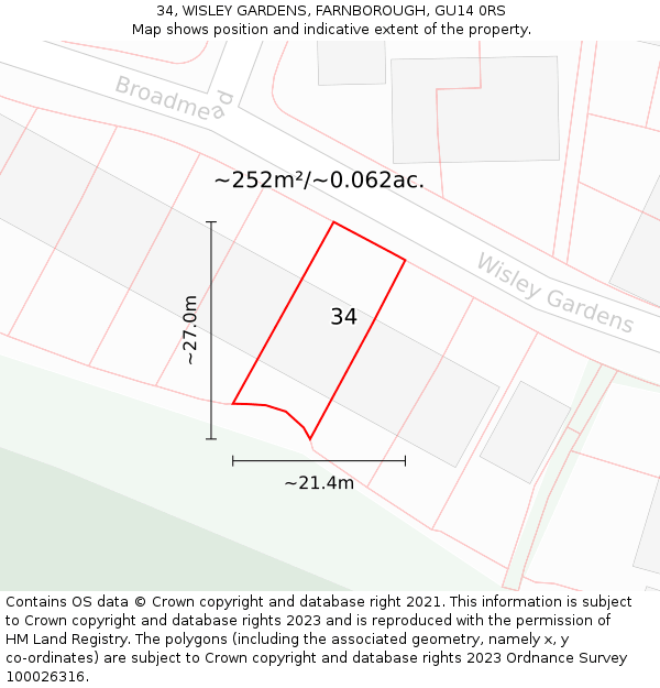 34, WISLEY GARDENS, FARNBOROUGH, GU14 0RS: Plot and title map
