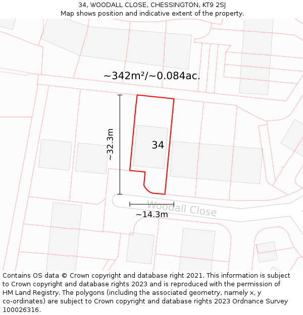 34, WOODALL CLOSE, CHESSINGTON, KT9 2SJ: Plot and title map