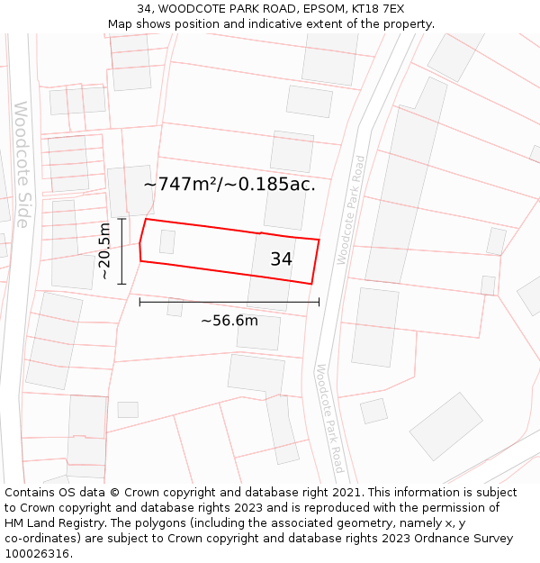 34, WOODCOTE PARK ROAD, EPSOM, KT18 7EX: Plot and title map