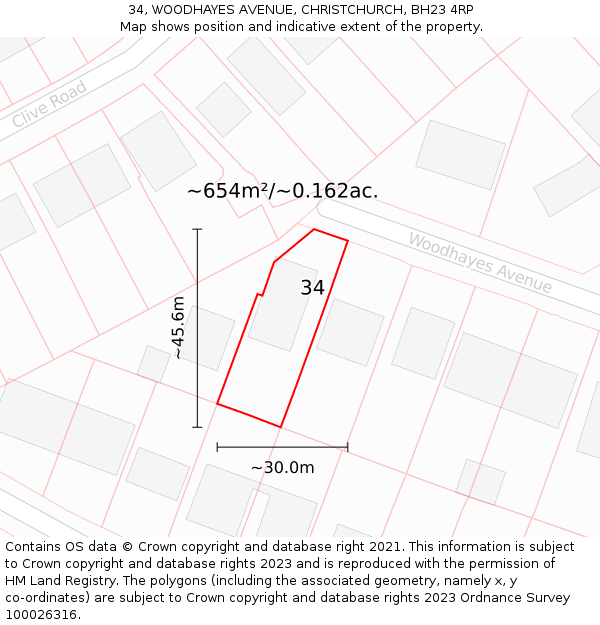 34, WOODHAYES AVENUE, CHRISTCHURCH, BH23 4RP: Plot and title map