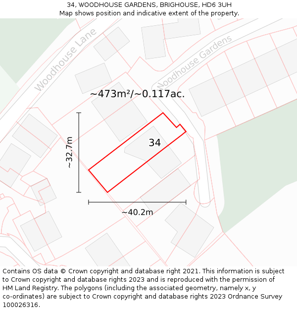 34, WOODHOUSE GARDENS, BRIGHOUSE, HD6 3UH: Plot and title map