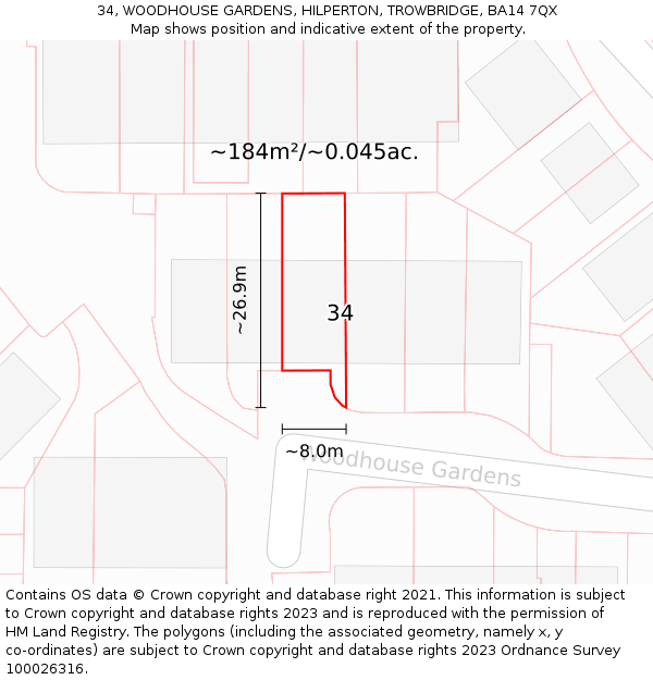 34, WOODHOUSE GARDENS, HILPERTON, TROWBRIDGE, BA14 7QX: Plot and title map